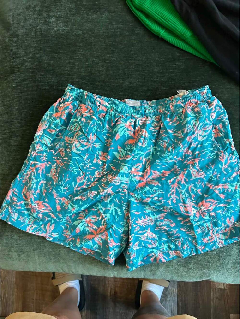 Men's Tropical Print Swim Shorts in Blue and Coral